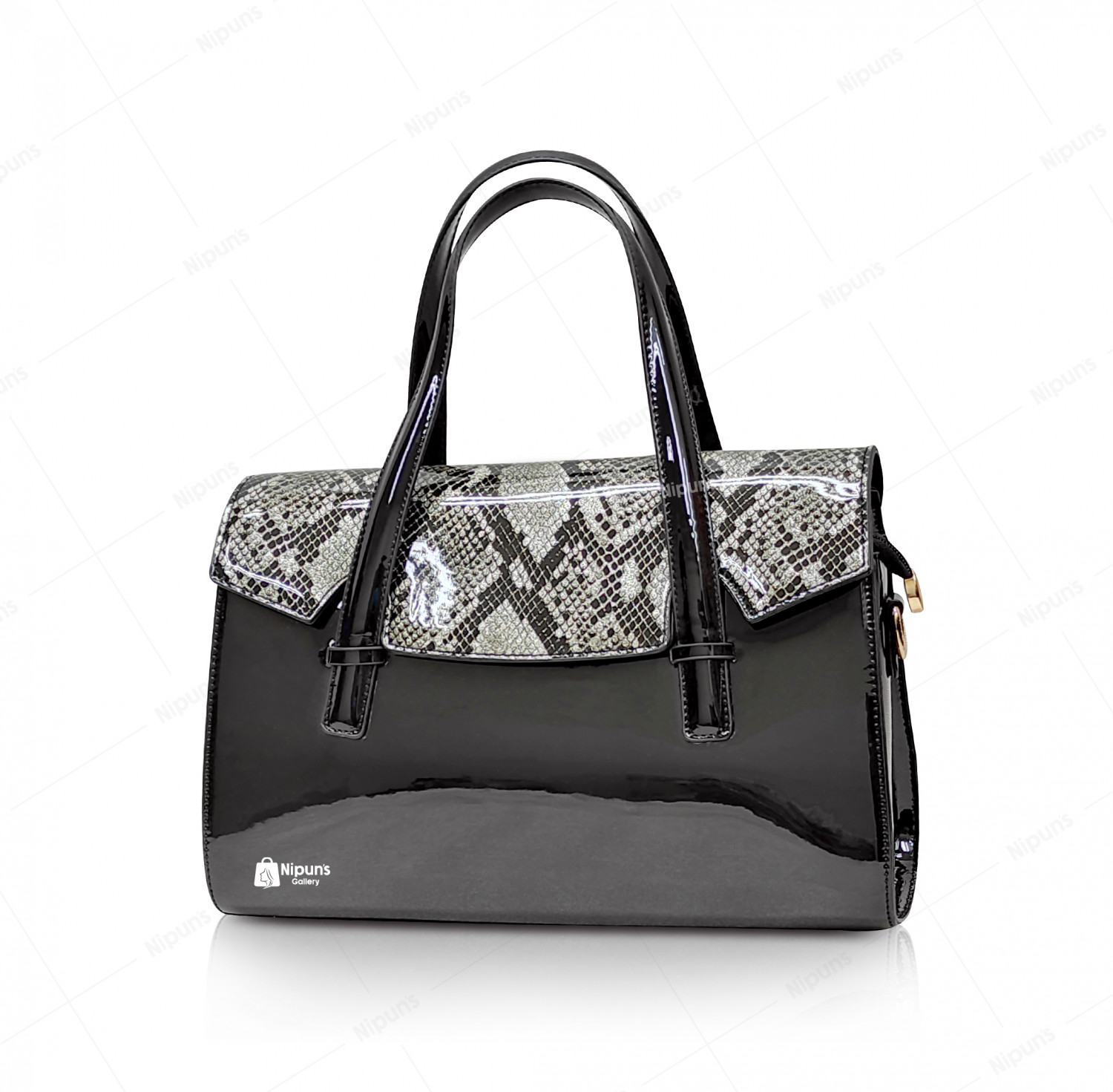 QDER Black with SILVER PATTENT LEATHER BAG