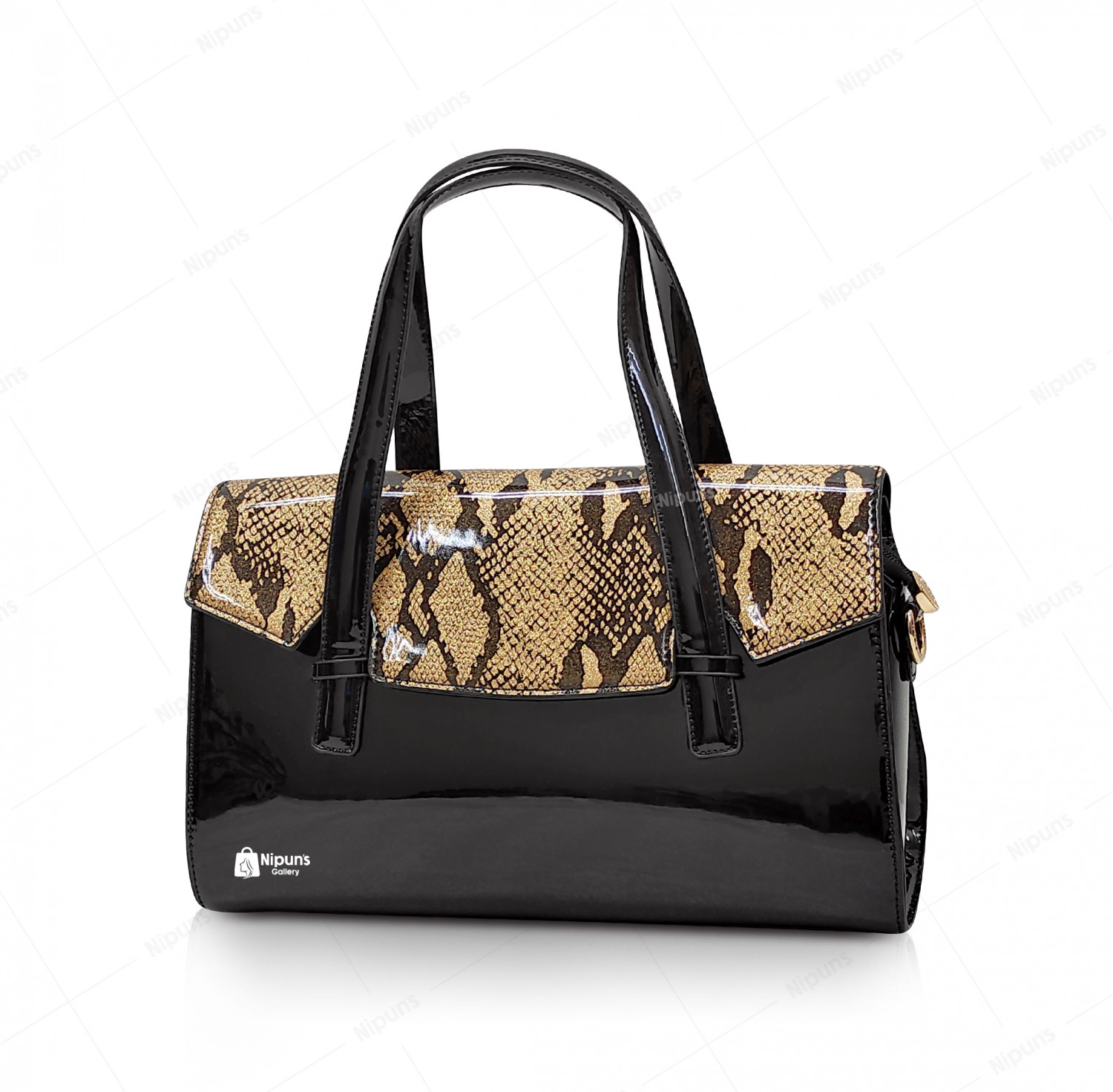 QDER Black with GOLd PATTENT LEATHER BAG